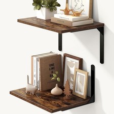 Pair of 12-Inch Deep Floating Shelves in Rustic Brown with Metal Brackets, Set o