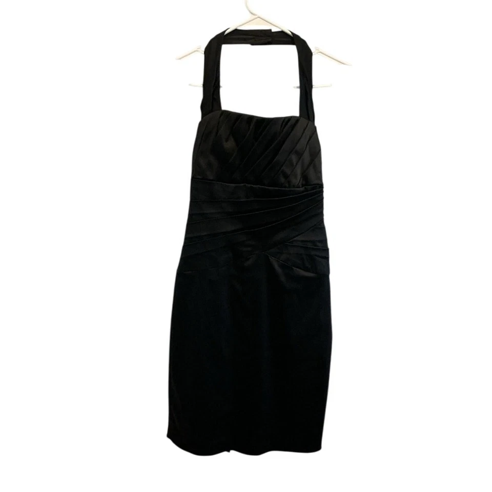WHBM Women Satin Halter Mini Dress Size 00 Black LBD Classic Formal Cocktail NEW - Image 2 of 4