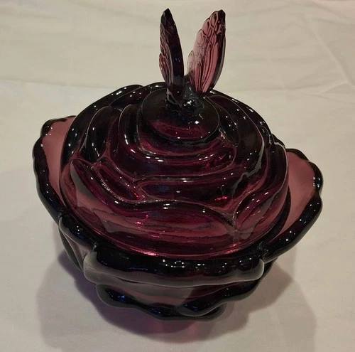 Vintage Fenton Glass Pink Rose Candy Jar With Butterfly Lid ROUND POWDER BOX