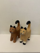 Set Of 2 Hand Carved Wooden Cat Ornaments Folk Art Rustic Cat Figures Kittens