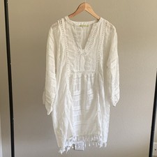 Gianni Bini White Lace Tassel Embroidered Tunic Dress V-Neck Long Sleeve M