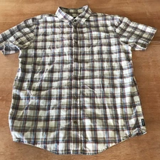 Prana Bryner Shirt Men L Blue Plaid Button Up Pocket Short Sleeve Collared
