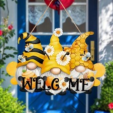 Farmhouse Bee Gnome Wooden Welcome Sign 2D Flat Hanging Decor for Front Door
