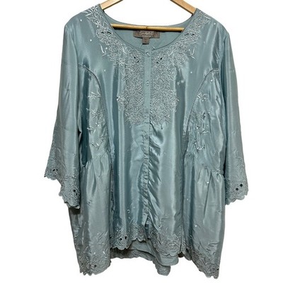 Coldwater Creek Embroidered Sandpoint Blouse Womens 2X Sea Mist Boho Lightweight