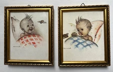 2 Framed Vintage Hummel Prints - Baby with Bee - 4.5" x 5.25" Nursery Decor