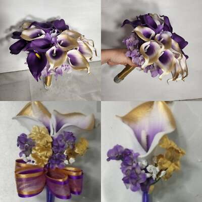 Purple Gold Calla Lily Bridal Wedding Bouquet Accessories