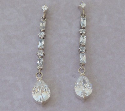 Vintage Sterling Dangle Earrings, White Cubic Zirconia, Konder #1050