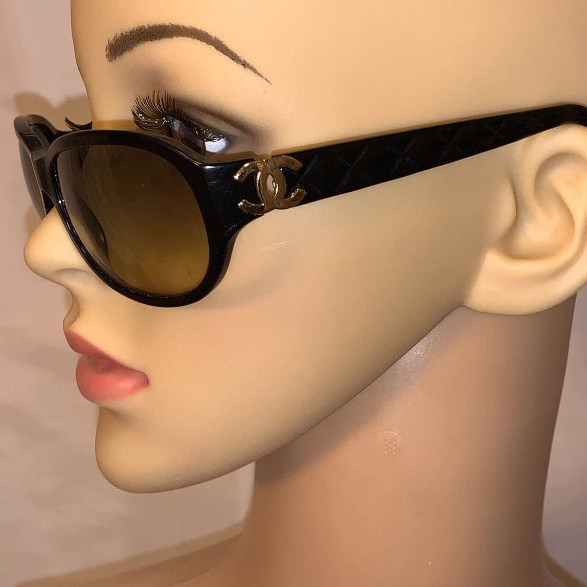 11) Pre-loved CHANEL black acetate SUNGLASSES yellow lenses gold hinged CC  logo