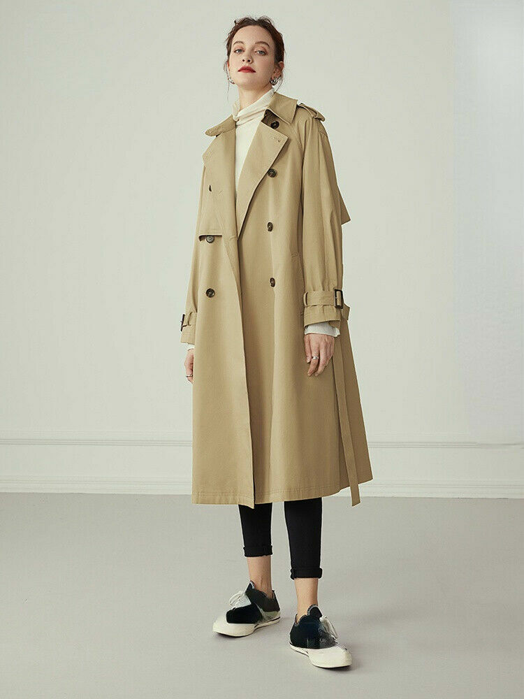 Women Long Trench Coat Turn Down Collar 