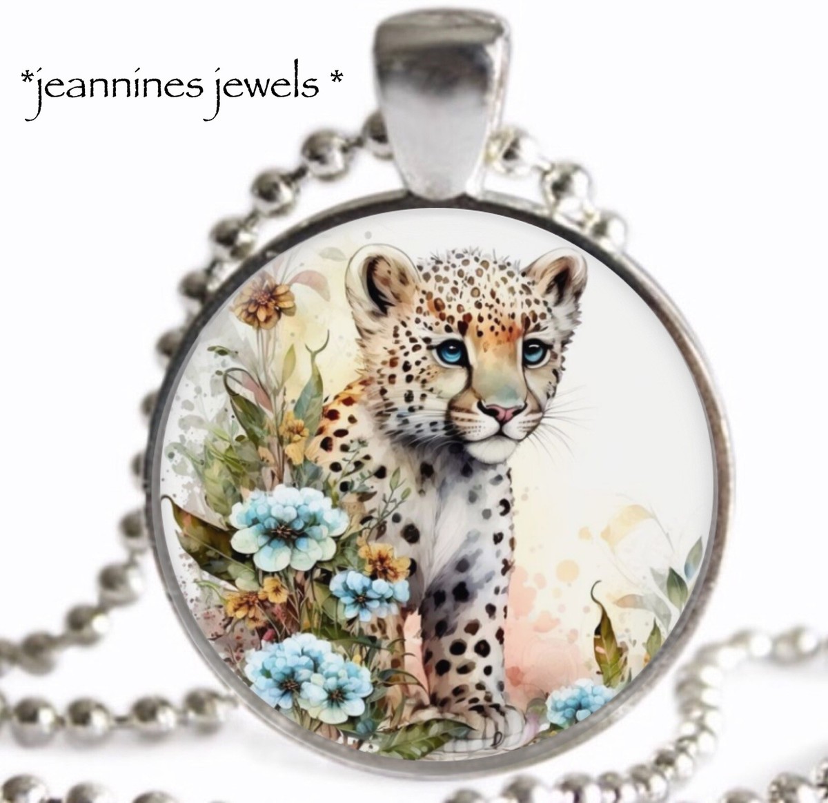 Leopard NECKLACE Summer Floral Art Print Silver Charm Pendant