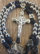 Mens Heavyweight Stainless Steel  Black Paracord Rosary/Crusaders Shields