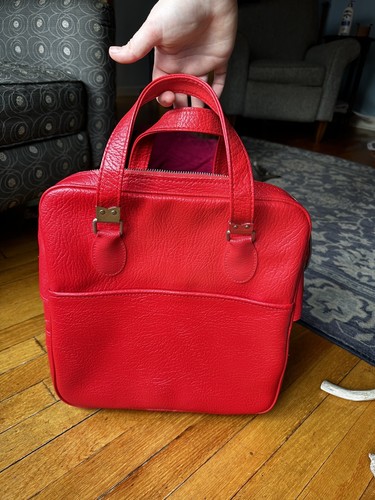 Vintage Sears Women's Travel Bag Red Leather Double Handles Lined Zipper Closure