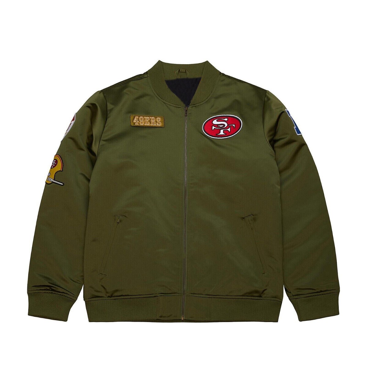49ERS NFL ジャケット オリーブグリーン Men's Varsity 49ers Satin Olive Green Bomber Varsity Jacket