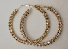 UK Ladies Women’s Large  Statement Crystal Hoop Earrings silver diamante 75mm