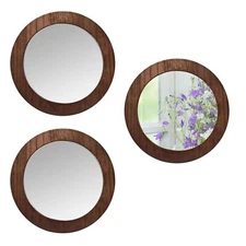 3 PCS Wall Mirrors Decorative 8 Inch Small Round Rustic Wood Mirror Decorativ...