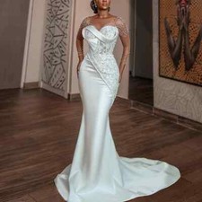 African Satin Mermaid Wedding Dresses Long Sleeve Appliques Beading Bridal Gowns