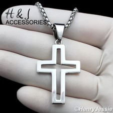 18"-36"MEN Stainless Steel 3mm Silver Box Link Necklace Hollow Cross Pendant 141