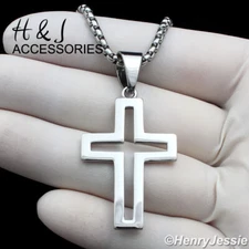 18"-36"MEN Stainless Steel 3mm Silver Box Link Necklace Hollow Cross Pendant*141