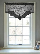 1pc Spooky Black Lace Bat Curtain with Spider Web Design  Gothic Halloween Deco
