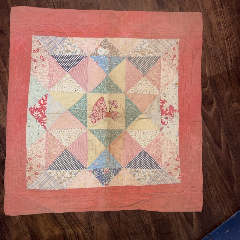Antique Early 20th C Patchwork Quilt Receiving Crib Blanket Bonnet Girl Letter X