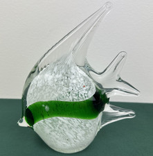 Murano Style Art Glass Fish Figurine 7" Green White Clear Tropical Decor