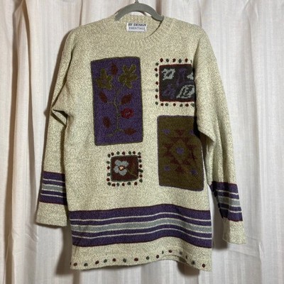 By Design Essentials Vintage Patchwork Floral Knit Sweater Oatmeal Purple ML