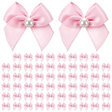 60 Pcs 1 Inch Mini Pink Ribbon Bows with Pearl Tiny Craft Bowknot Gift Wrap