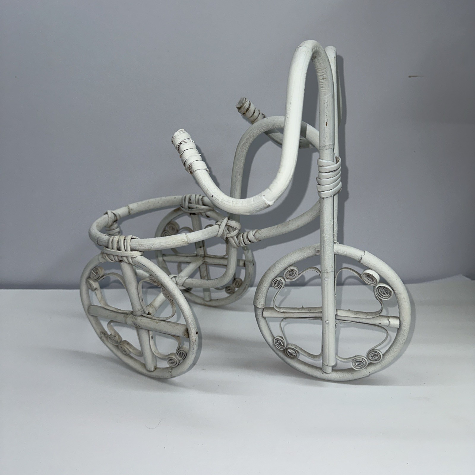 Vintage White Bike Tricycle Planter Wicker Rattan Plant Flow