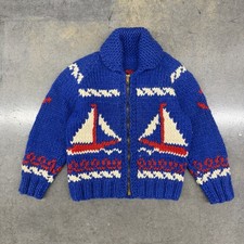 Vtg 50s Mary Maxim Kids Cowichan Sweater Hand Knit Sailboat Nautical Wool Talon