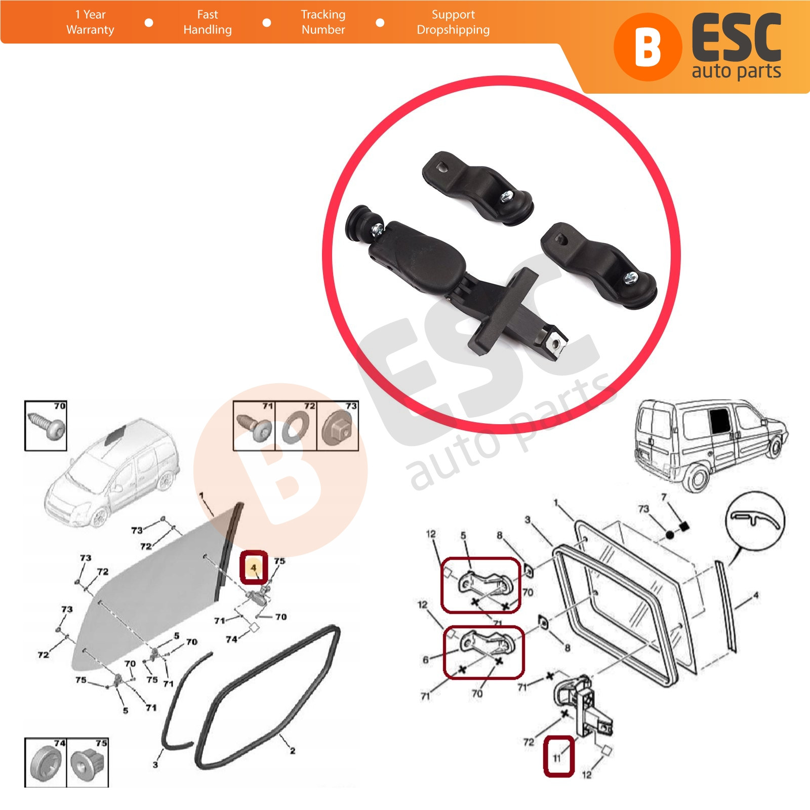 Rear Sliding Window Handle Latch for Doblo Fiorino Berlingo Nemo Partner Bipper