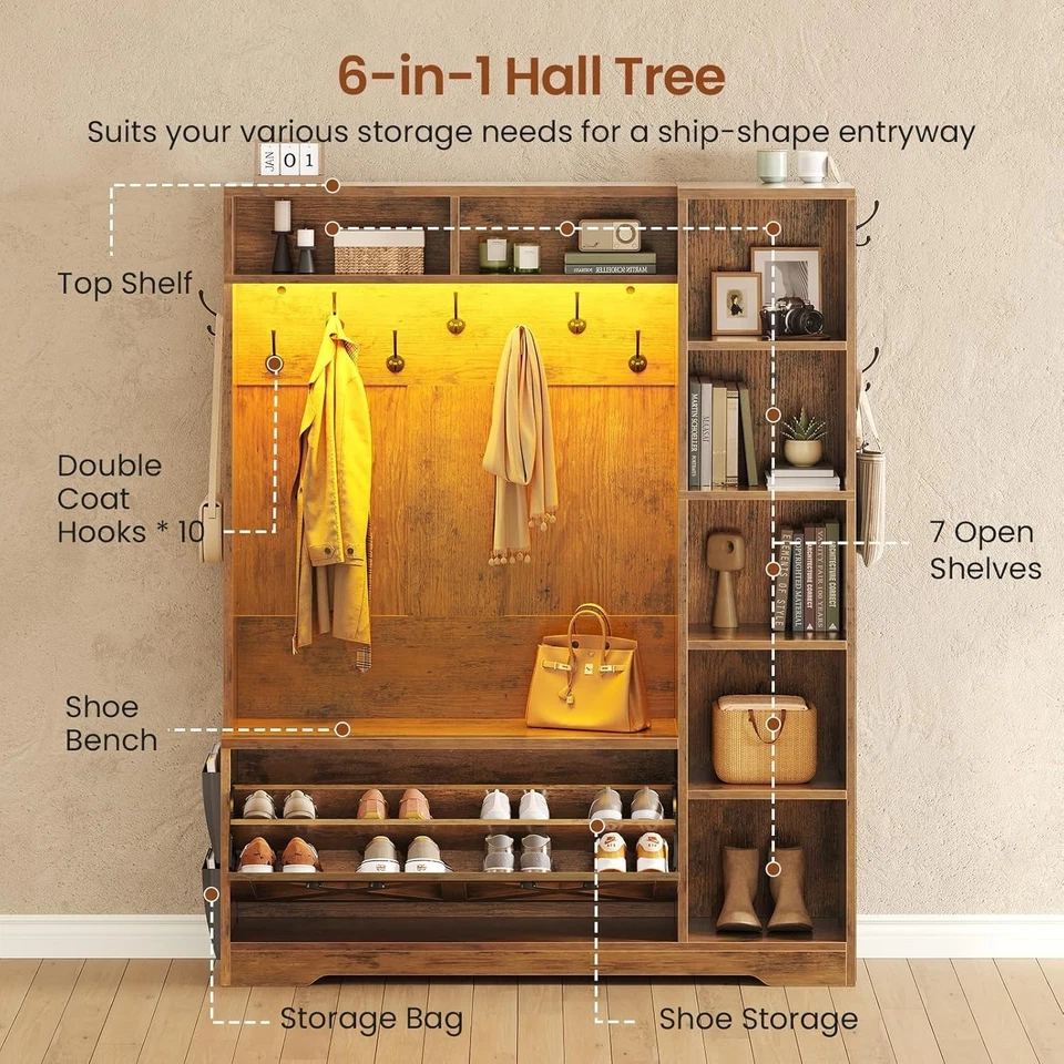 Árbol de pasillo con cajones abatibles, 7 estantes y luces LED, banco de entrada de granja Foto 3 de 4