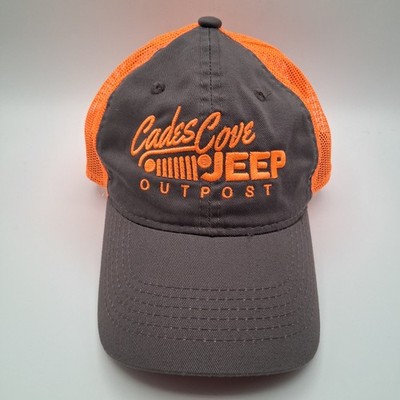 Cades Cove Jeep Outpost Hat Cap Strap Back Gray Blaze Orange Mesh Script Logo