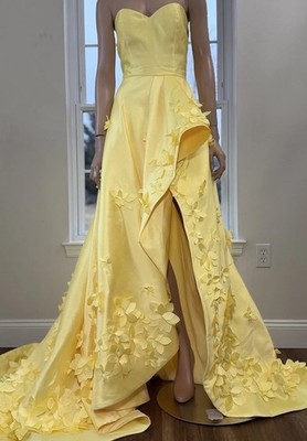 Sherri Hill 52581 Yellow Strapless 3D Floral High-Slit Prom Gown Dress Size  6 | eBay