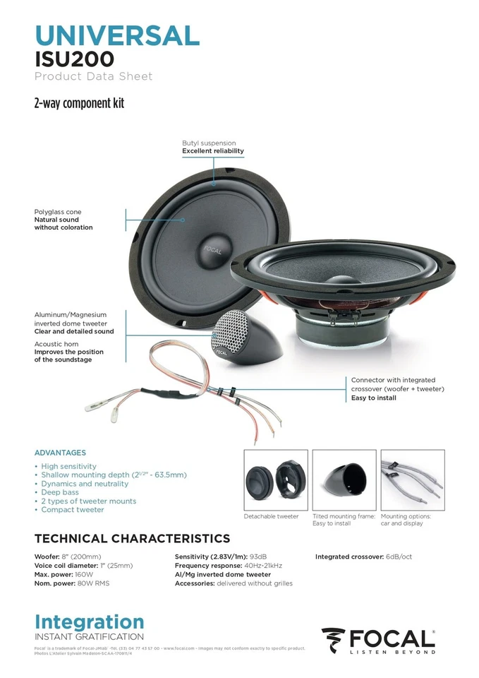 Kit 4 altoparlanti Focal per AUDI A4 B8 Avant (8K5) dal 2009 al 2016 Anteriori - Immagine 4 di 4