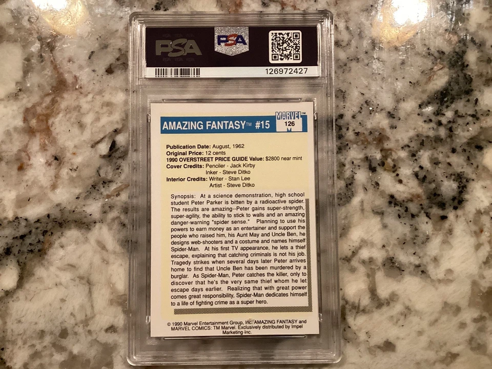 Amazing Fantasy #15 1990 Marvel Universe #126 PSA 10 Gem Mint Spider-Man Origin - Image 3 of 3