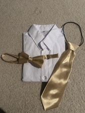 Boys Long Sleeve Dress Shirt White With Gold Tie And Gold Bow tie Size 5T
