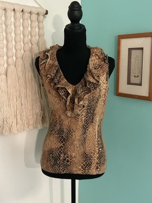 Lauren Ralph Lauren Brown Black Snakeskin Ruffle V-Neck Sleeveless Tank S