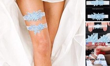 2 Pieces Wedding Garters Daisy Lace Bridal Garter Hand Sewn Faux Sky Blue
