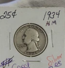 1934  US Washington Quarter 25c F+ (Cleaned)