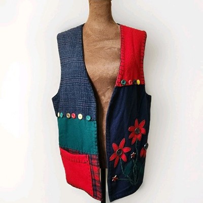 Vintage Patchwork Vest Women's Flower Pocket Open Front Teachercore Buttons