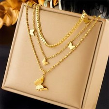 Multilayer Stainless Steel 18K Gold Butterfly Necklace For Women, Girls 