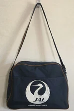 Vtg  JAPAN AIRLINES Flight Bag JAL Travel Shoulder Tote NAVY BLUE Brown Carry On
