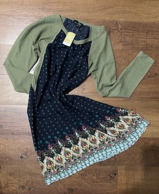NWT Suzanne Betro Olive & Navy Arabesque V-Neck Boho A-Line Dress ~ Size S