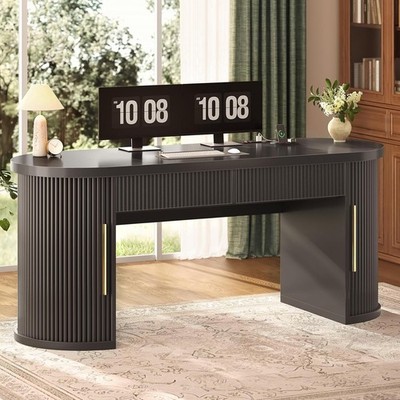 Office Desk with 2 Drawers, Fluted Long Computer Desk w/2 Sliding Doors Storage