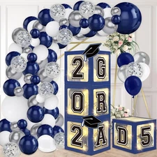 Navy Blue Graduation Decorations 2025 - Set of 4 Grad Balloon Boxes with 139p...