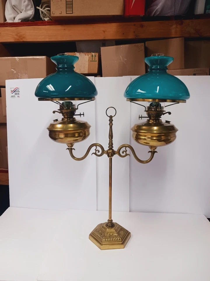 LARGE John Scott Brass Duplex Student Lamp Double Oil 4 Wicks Adjustable Height - Image 2 of 4