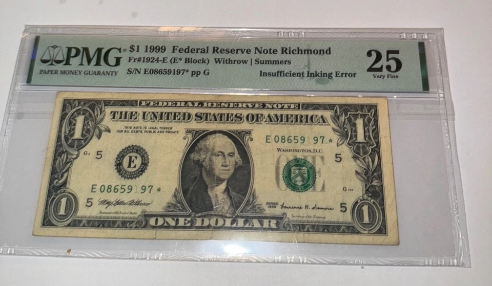 1999 E  Star Note Ink Error  One Dollar Bill certified-one dollar bill ink error - Image 4 of 4