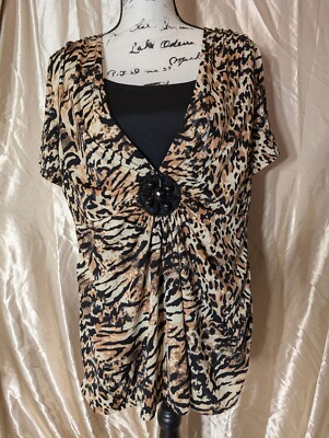 Notations Women's Vintage Animal Print Cheetah Stretch Blouse Size 1X