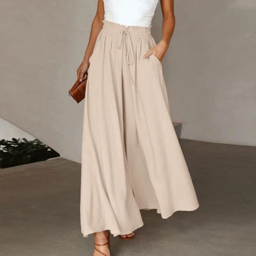 Damen Einfarbig Hose Elastischer Gürtel Weites Bein Hohe Taille Lange Culotte Hose - Bild 17 von 42