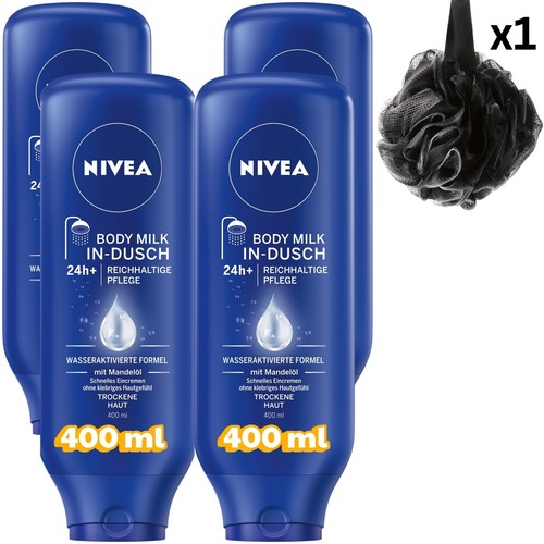 Nivea In Shower Moisturiser, Body Moisturiser for Dry Skin (4 x 400 ml) + Sponge